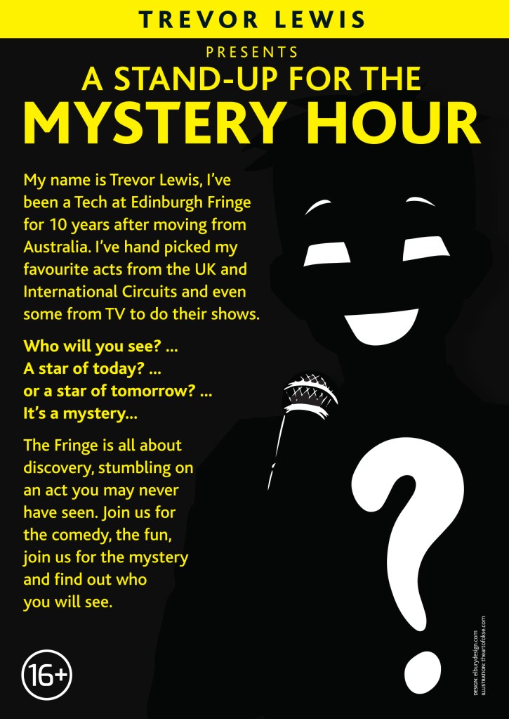 A stand-up for the mystery hour promo flyer.